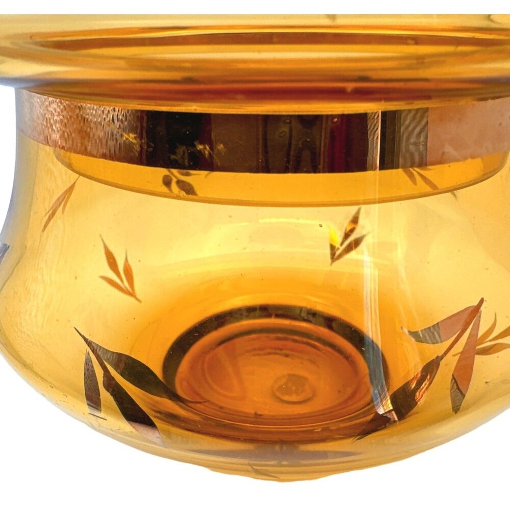 Vintage Roumania Amber Color Glass Jar Candy Dish Gold Trim Leaf Design European - Picture 9 of 11